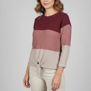 Hayden Colorblock Waffle Knit Tie Front Long Sleeve Top Womens XL